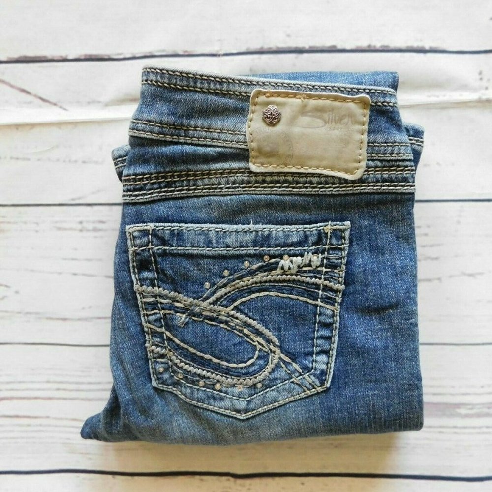 Silver Medium Wash Stretch Rhinestone Bootcut Jeans - Size 28